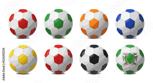 Collection of eight polygonal soccer balls in various colors arranged in two rows on white background
