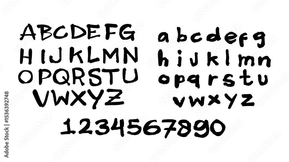Obraz premium Bold capital letters A–Z and numbers hand-painted with black acrylic and rough brush strokes. Vector alphabet with artistic, grunge, and expressive design.