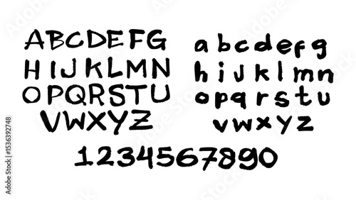 Bold capital letters A–Z and numbers hand-painted with black acrylic and rough brush strokes. Vector alphabet with artistic, grunge, and expressive design.