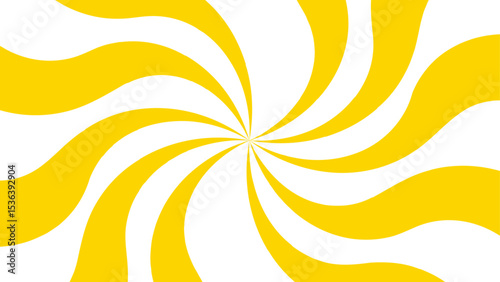 Abstract bold and clean background with a yellow and white spiral twist pattern. Curved, wavy rays forming vortex-like motion. Bright yellow and white stripes  high-contrast, hypnotic visual effect. 