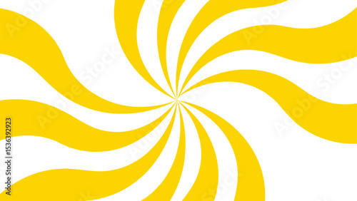 Abstract bold and clean background with a yellow and white spiral twist pattern. Curved, wavy rays forming vortex-like motion. Bright yellow and white stripes  high-contrast, hypnotic visual effect. 