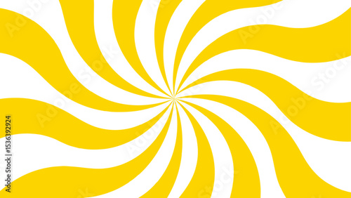 Abstract bold and clean background with a yellow and white spiral twist pattern. Curved, wavy rays forming vortex-like motion. Bright yellow and white stripes  high-contrast, hypnotic visual effect. 