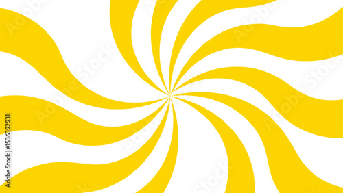 Abstract bold and clean background with a yellow and white spiral twist pattern. Curved, wavy rays forming vortex-like motion. Bright yellow and white stripes  high-contrast, hypnotic visual effect. 