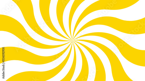 Abstract bold and clean background with a yellow and white spiral twist pattern. Curved, wavy rays forming vortex-like motion. Bright yellow and white stripes  high-contrast, hypnotic visual effect. 