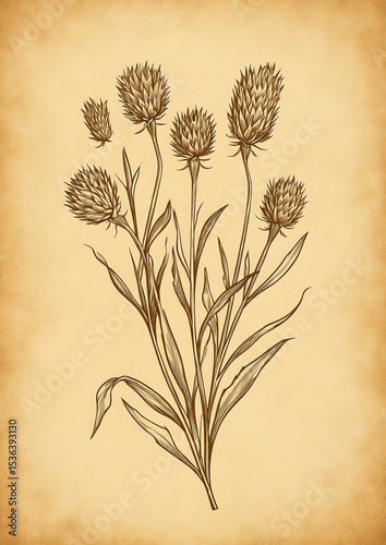 thistle botanical illustration, sepia and dark green tones, old paper background