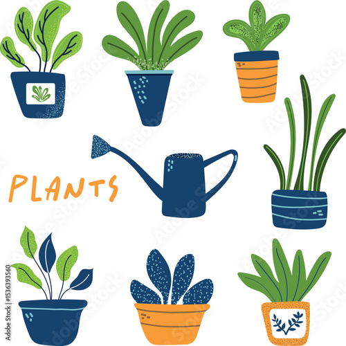 Vector set of indoor plants and watering can, garden potted plants,  clean green, blue and orange flat illustration on white background