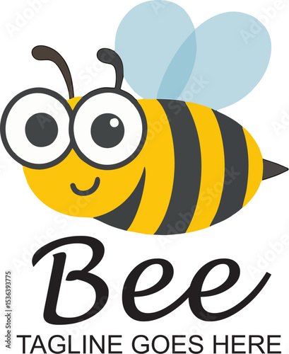 funny smiling bee mascot vector logo yellow black striped honeybee with blue wings cartoon design for branding