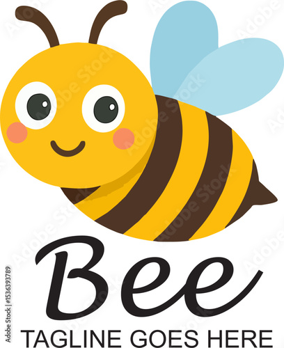cartoon bee character logo vector cute yellow black honeybee mascot with wings illustration for children product