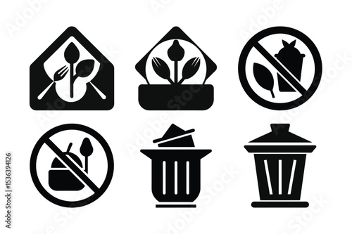 Black and White Vector Icons of Food Waste Prohibition and Trash Cans for Composting and Waste Disposal