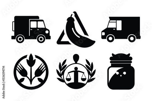 Variety of Black and White Vector Icons Depicting Food Delivery, Health, Justice, and a Cute Jar