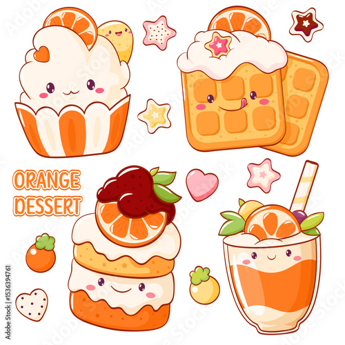 Orange dessert collection. Set of stickers with cute character in kawaii style. Cake, muffin, smoothie with whipped cream and citrus. Can be used for t-shirt print, sticker, greeting card. Vector EPS8