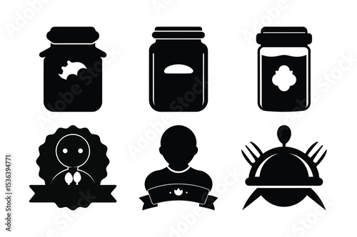 Whimsical Silhouette Collection Black and White Jars Portrait Logo Restaurant Meal Food Design for Creative Projects