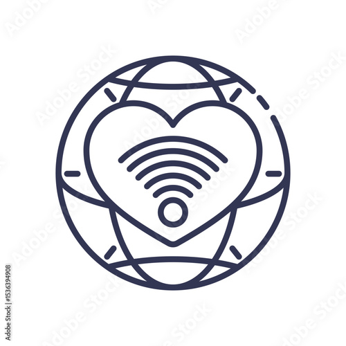 Line art icon of a globe with a heart containing a Wi-Fi symbol. Represents global digital connection, online community, and the love of staying connected through technology and the internet.