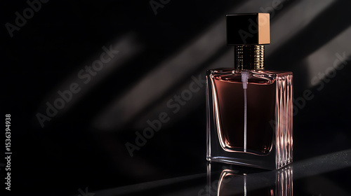 Elegant perfume bottle mockup in dark studio with dramatic lighting