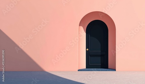 A dark door within a peach-colored arched recess, set into a minimalist wall, casts a shadow