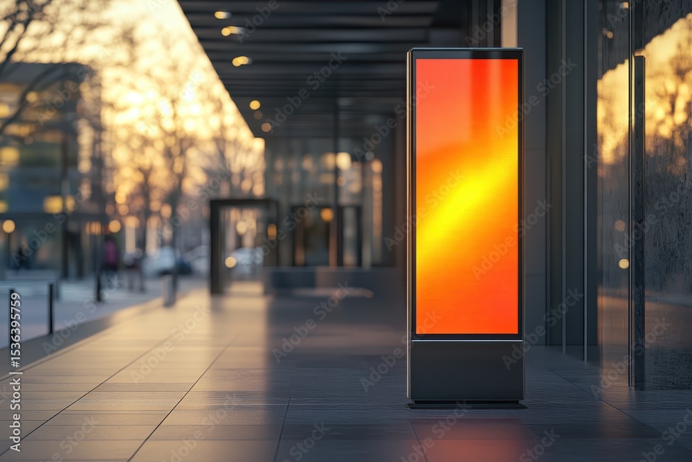 Fototapeta premium Modern digital display stands on a city street at golden hour. Use this for advertising and announcements to people on the street.