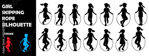 Girls Skipping Rope Silhouette Vector Set – Active Children Playing Outdoors in Joyful Motion