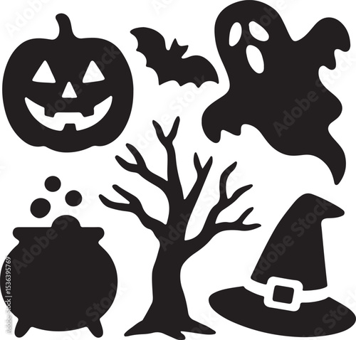 Halloween Silhouette Icons: Witch, Skull, Ghost, and Spooky Tree