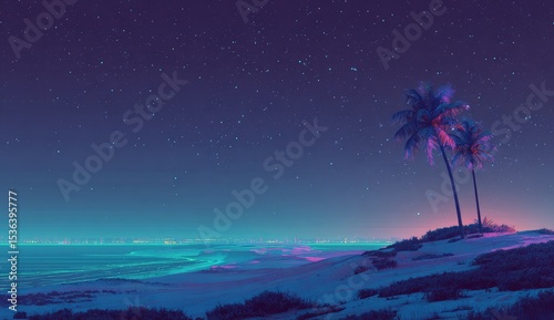 Two palm trees silhouetted against a vibrant, starlit night sky overlooking a glowing teal ocean.  Sand dunes and sparse vegetation in the foreground