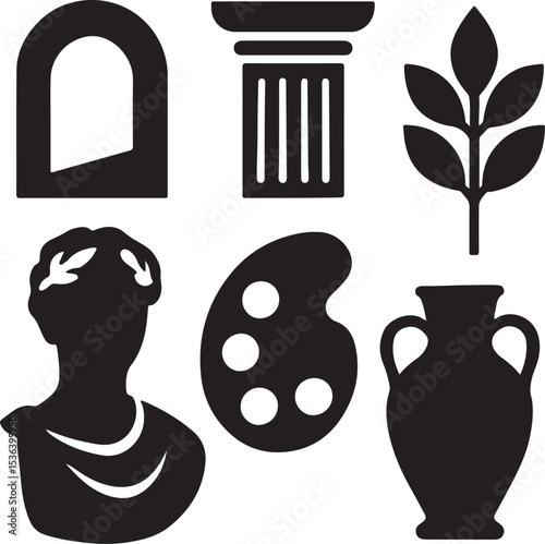 Architectural & Decorative Silhouettes: Window Arch, Column, Vase & Leaf Motif
