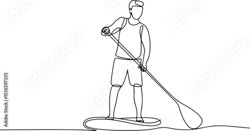 Paddle boarder continuous single line drawing in minimalist style with person standing on board holding a long paddle over water

