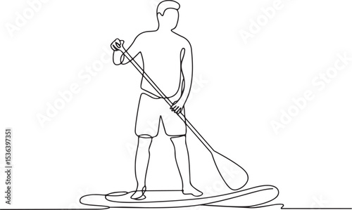 Paddle boarder continuous single line drawing in minimalist style with person standing on board holding a long paddle over water

