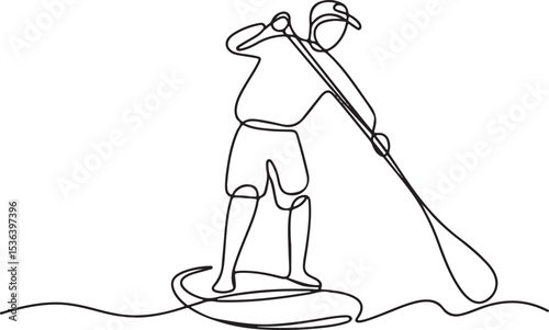 Paddle boarder continuous single line drawing in minimalist style with person standing on board holding a long paddle over water

