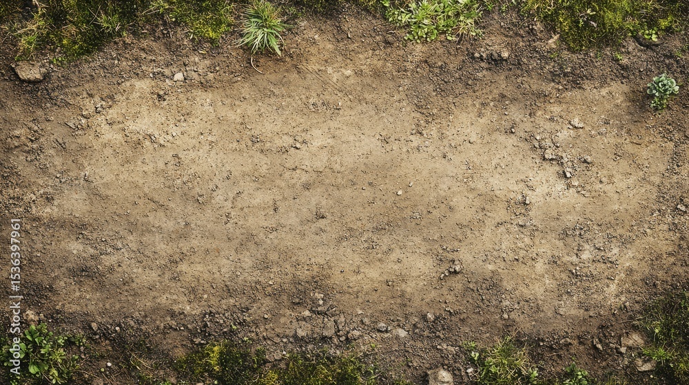 Fototapeta premium Top down view of dirt path, grass, rocks and small stones. Use as a background or texture for graphic design and illustration.