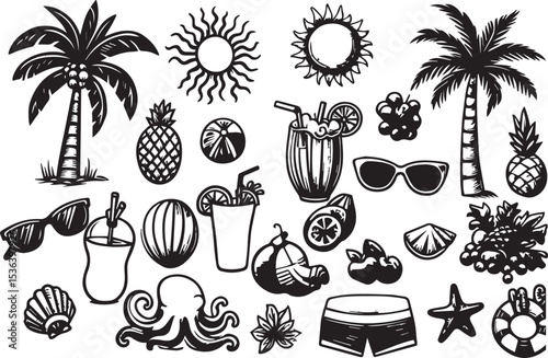 Summer beach elements with sun, fruits, drinks, and sea creatures captured in a fun doodle style vector  illustration