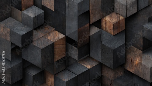 Abstract geometric pattern of dark and light brown wooden cubes, creating a textured, three-dimensional effect