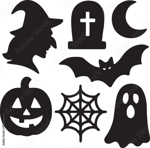 Halloween Silhouette Icons: Witch, Skull, Ghost, and Spooky Tree
