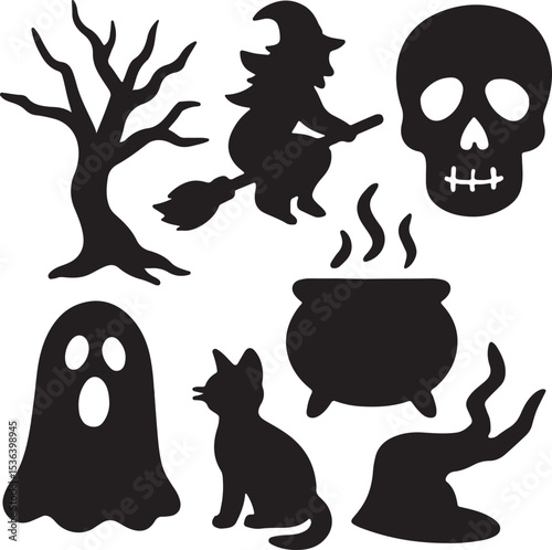 Halloween Silhouette Icons: Witch, Skull, Ghost, and Spooky Tree