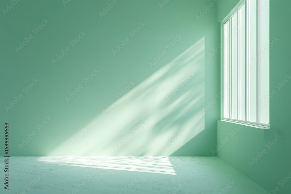 Fototapeta premium Sunlit empty room with pale green walls and floor, featuring a window casting tree shadows