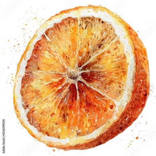 Watercolor painting of a dried orange slice, showing detailed texture and warm color tones with splattered background