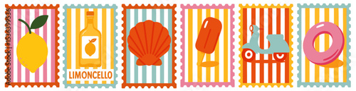SET SUMMER ELEMENTS STAMPS STYLE DOLCE VITA, COLORFUL TRENDY ILLUSTRATION 