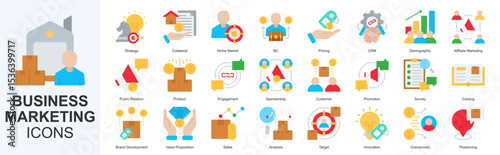 Business Marketing icon set vecvtor Flat Style strategy, collateral, niche market, b2c, pricing, crm, demographic, affiliate marketing, public relation, product, engagement, sponsorship