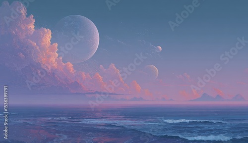 Pastel sunset over an alien ocean, three planets visible in a hazy, mountainous landscape