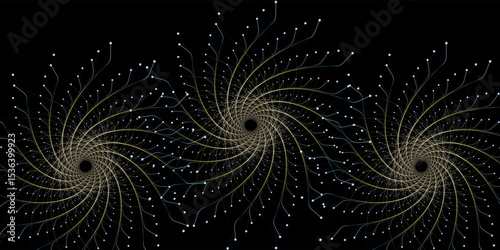 Abstract spiral design with intricate line structures and branching patterns, forming a futuristic and dynamic visual on a black background. Ideal for digital art, wallpaperselements.