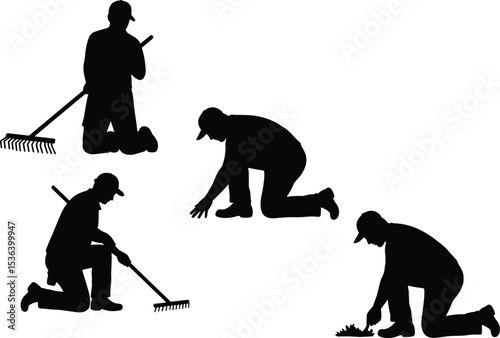 Gardener silhouette working with rake, kneeling man cleaning ground, outdoor worker illustration, black vector labor pose, garden maintenance tool