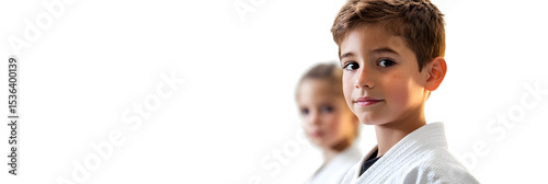 Eager children learning judo techniques in a training class wide banner - white background