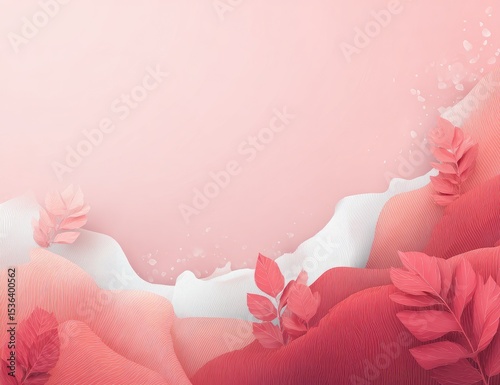 Pastel pink and white paper-cut waves with coral leaves, creating a soft, dreamy, and abstract landscape