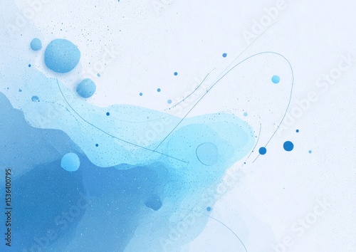 Abstract artwork featuring flowing, translucent blue forms and splatters on a white background, suggesting movement and fluidity