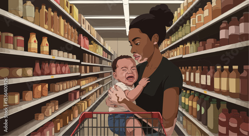 Mother holding crying baby in grocery store aisle with shelves, Flat vector Art   