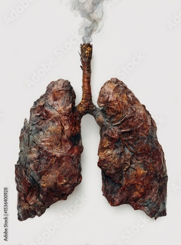 Smoked-damaged lungs depicted as weathered, brown, leaf-like forms with a smoke plume rising from a central trachea-like structure against a stark white backdrop