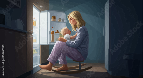 Mother holding baby while sitting in kitchen at night, Flat vector Art    