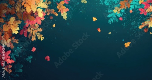Autumnal oak leaves in vibrant reds, oranges, and yellows cascade against a dark teal background, creating a fall-themed border.  Some leaves are falling, adding to the seasonal ambiance