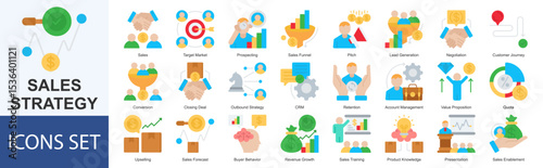 Sales Strategy icon set vector illustration Flat Style Sales, Target Market, Prospecting, Sales Funnel, Pitch, Lead Generation, Negotiation, Customer Journey, Conversion, Closing Deal
