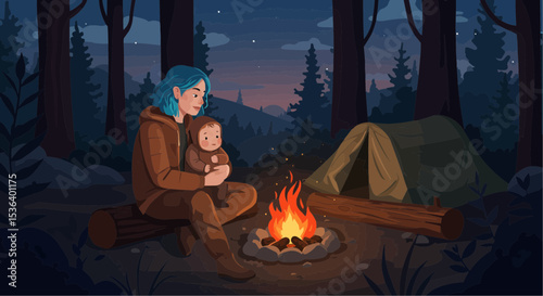 Young woman sitting by campfire holding baby in forest at night, Flat vector Art    