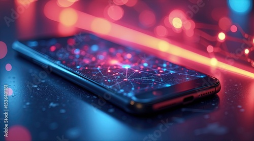 Digital technology background with smartphone mockup design created by AI system.