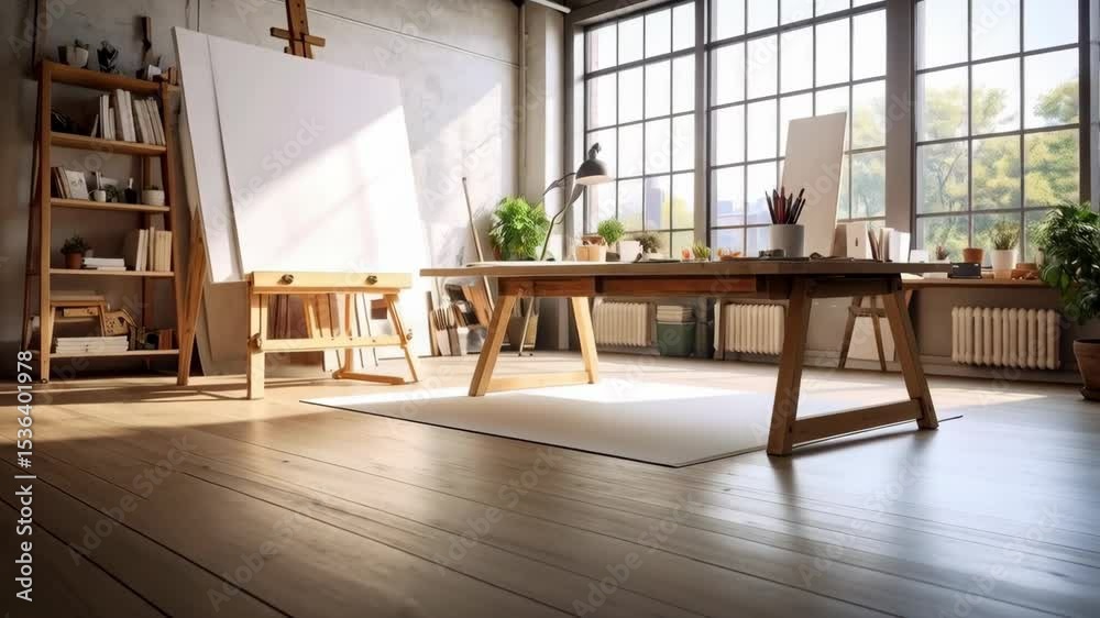 Bright artist's studio with blank canvas, easel, art supplies on table, plants and large window. Wooden floor and creative atmosphere.